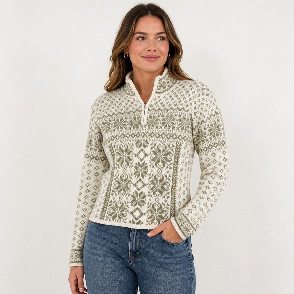 Obermeyer Mimi Womens Small Quarter Zip Fair Isle Snowflake Wool Blend Sweater